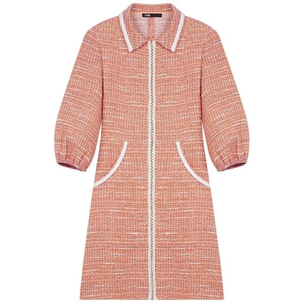 Maje Peach Tweed Mini Dress with White Trim - Picture 3 of 13